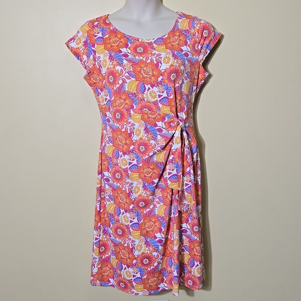 Talbots‎ Effortless Jersey Knit Side Tie Dress Size L Botanical Citrus Vacation - Picture 2 of 14